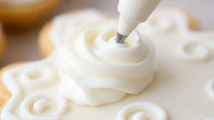 Close-up of fluffy white frosting being piped onto a decorated sugar cookie with intricate royal icing details, showing the light texture and smooth consistency