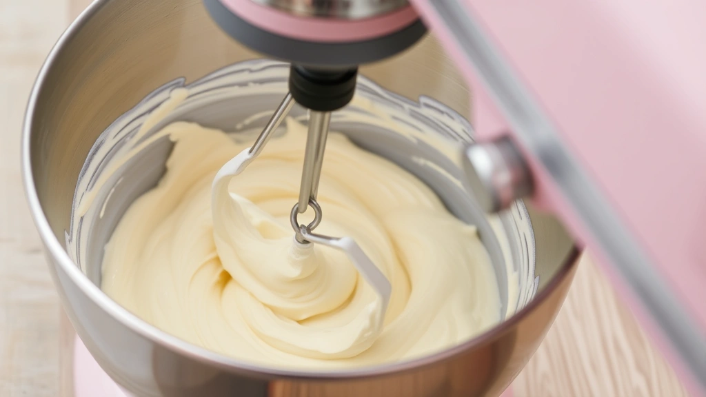 Action shot of an electric mixer beating pale, fluffy butter frosting in a stainless steel bowl, showing the light and airy texture mid-mixing process