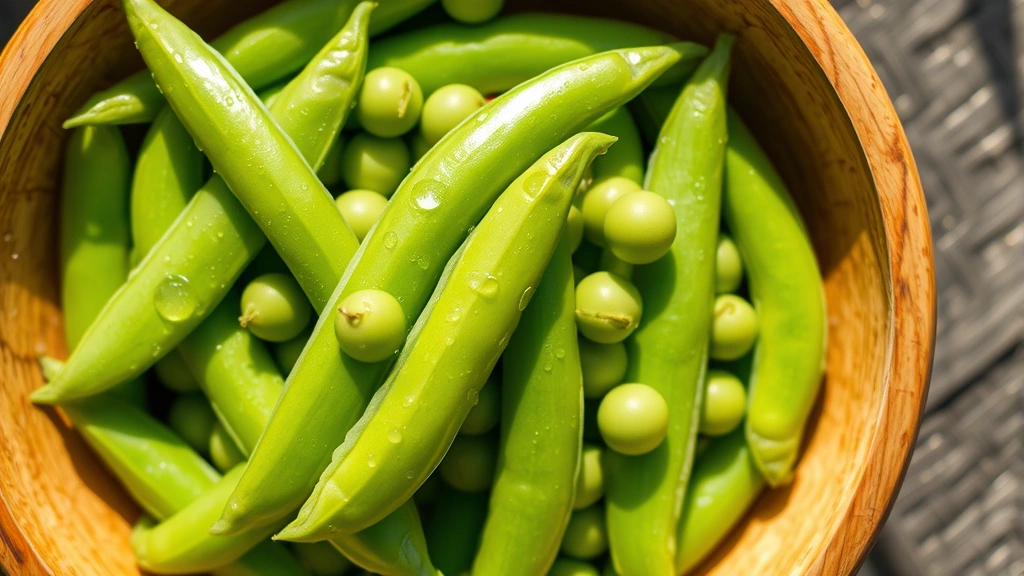Fresh bright green sugar snap peas in a wooden bowl with water droplets, natural sunlight, close-up overhead view