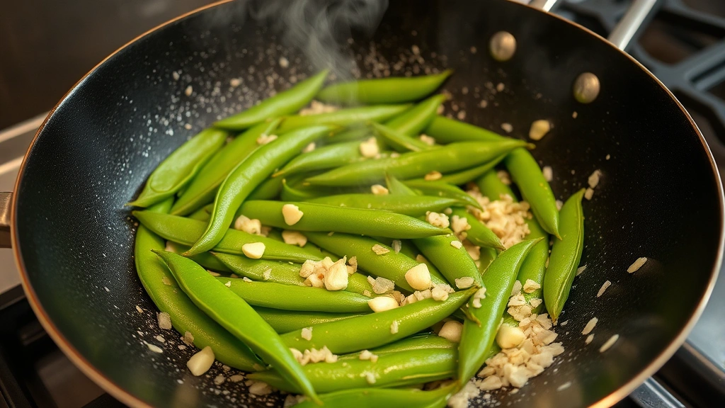 Hot wok with sizzling sugar snap peas and minced garlic, steam rising, golden-brown spots on pods, professional kitchen setting