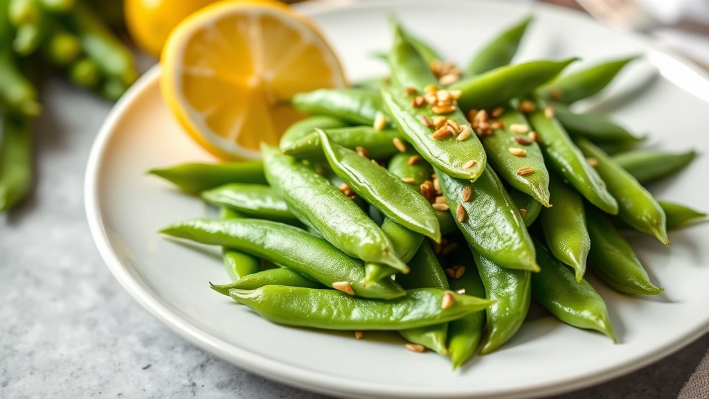 Plated sugar snap peas with lemon wedge and sesame seeds garnish, white ceramic plate, soft natural lighting, ready to serve