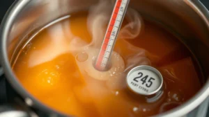 Close-up of amber-colored sugar wax being heated in a stainless steel saucepan with a candy thermometer showing 245 degrees Fahrenheit, steam rising gently