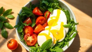Vibrant summer salad bowl filled with fresh heirloom tomatoes, crisp arugula, creamy fresh mozzarella, and basil leaves, drizzled with golden olive oil and balsamic vinegar, photographed from above on a bright wooden table with natural sunlight