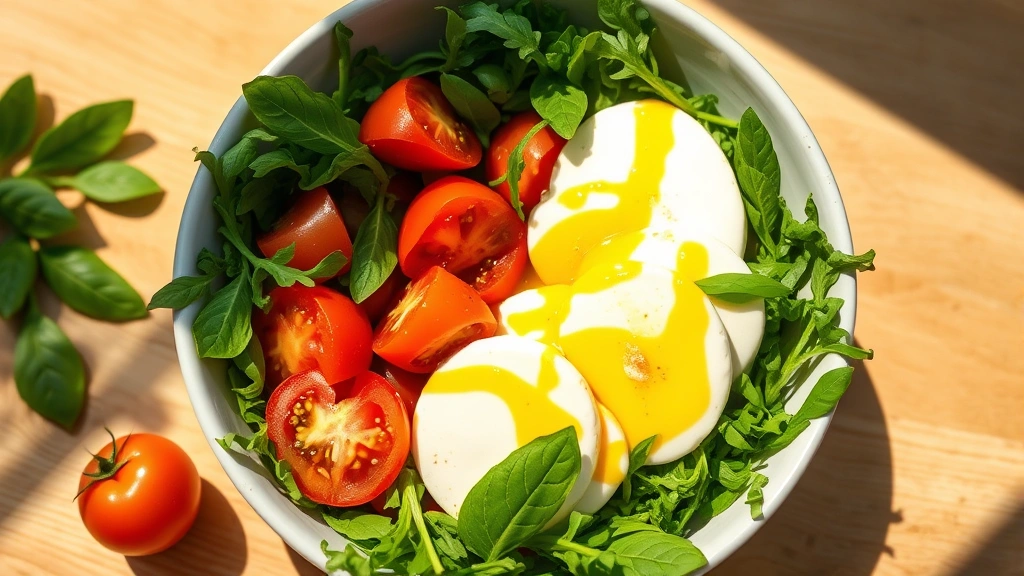 Vibrant summer salad bowl filled with fresh heirloom tomatoes, crisp arugula, creamy fresh mozzarella, and basil leaves, drizzled with golden olive oil and balsamic vinegar, photographed from above on a bright wooden table with natural sunlight