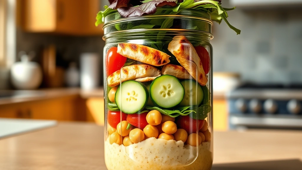 Colorful mason jar salad with layered ingredients visible through glass—dark leafy greens on top, grilled chicken strips, cherry tomatoes, cucumbers, and chickpeas in distinct layers, with lemon-tahini dressing at bottom, sitting on a sunny kitchen counter