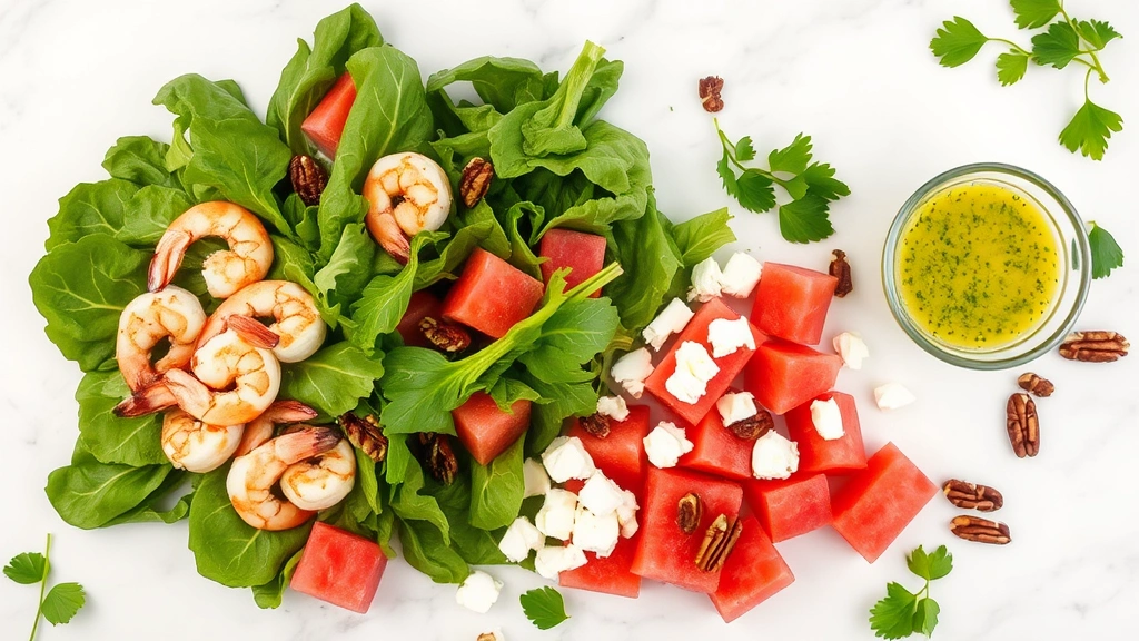 Overhead shot of deconstructed salad components arranged on a white marble surface—fresh mixed greens, sliced grilled shrimp, diced watermelon, crumbled feta cheese, candied pecans, and a small glass bowl of cilantro-lime dressing, with fresh herbs scattered around