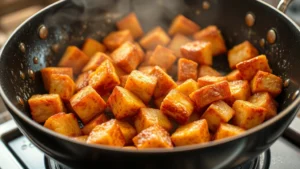 Golden-brown crispy fried pork cubes in a wok with oil splashing, showing perfect caramelization and texture, steam rising, professional kitchen lighting