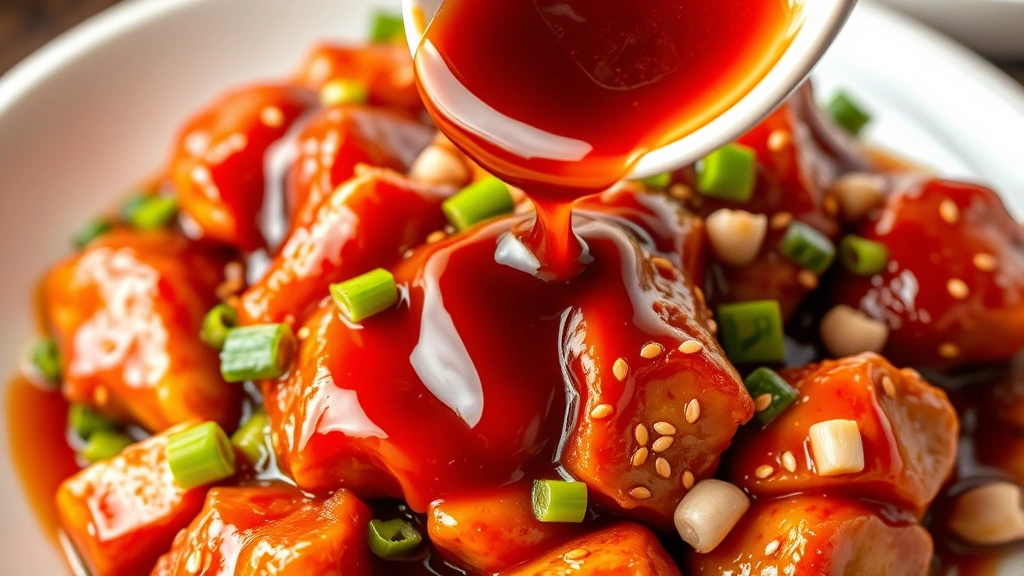 Glossy sweet and sour sauce being poured over tender pork pieces with vibrant red sauce coating, fresh ginger slices and garlic visible, garnished with green onions and sesame seeds