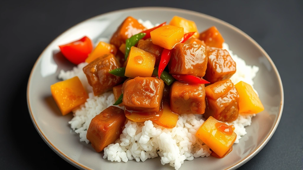 Finished sweet and sour pork dish plated over steamed white rice, showing glistening sauce-coated pork cubes, colorful bell pepper strips, and pineapple chunks, professional plating style