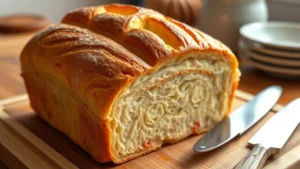 Close-up of rustic golden-brown sweet bread loaf with beautiful scored pattern on top, freshly baked with steam wisps, on wooden cutting board with butter knife nearby, warm natural kitchen lighting