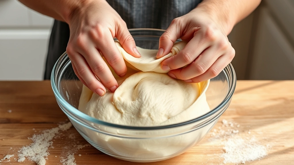 Hands performing stretch-and-fold technique on wet dough in glass mixing bowl, showing proper hand position and dough texture during fermentation, bright kitchen counter setting