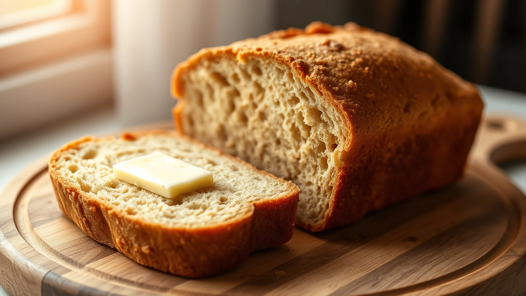 Sliced sweet bread loaf displaying open crumb structure and tender interior, arranged on wooden board with warm golden exterior visible, soft morning light, butter spread on one slice