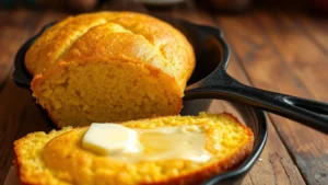 Golden-brown sweet cornbread loaf fresh from cast iron skillet, steam rising, butter melting on warm surface, rustic wooden table background