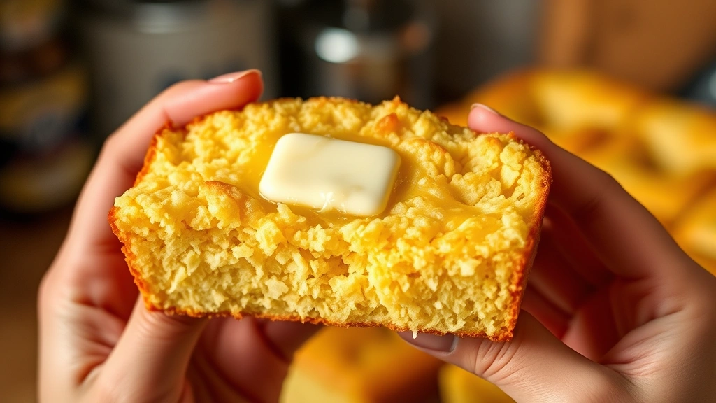 Hands holding warm slice of homemade cornbread with melting butter, close-up of tender golden crumb texture, cozy kitchen lighting