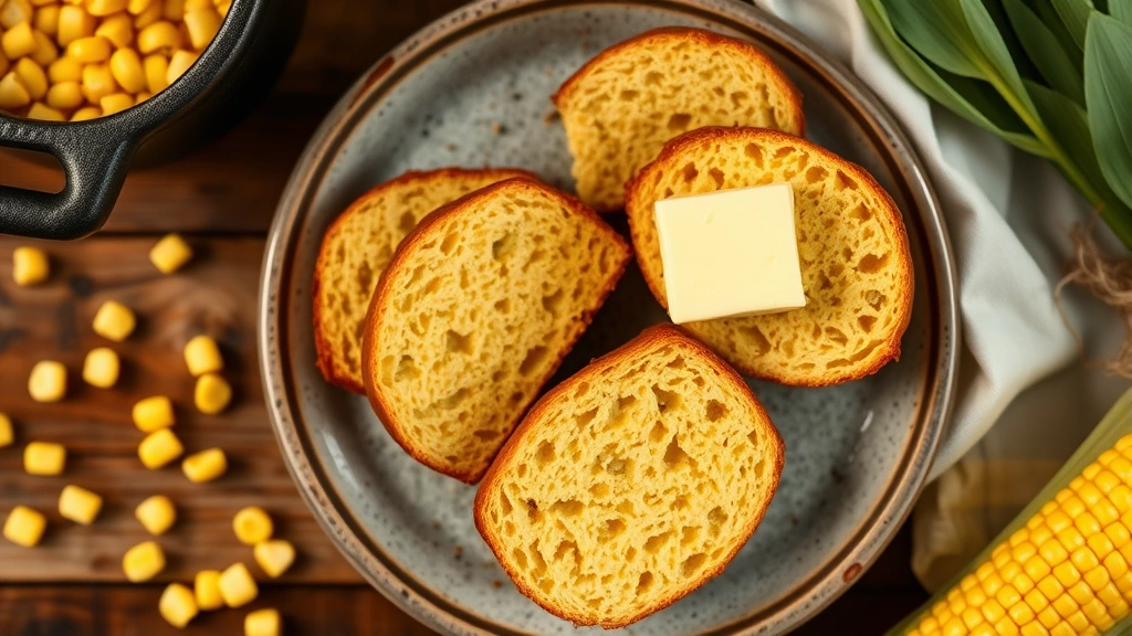 Overhead view of sliced cornbread on rustic plate with crock of butter, fresh corn kernels scattered nearby, warm natural lighting