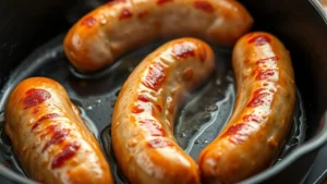 Golden-brown Italian sausage links sizzling in a cast iron skillet with rendered fat, perfect sear crust visible, steam rising from the pan