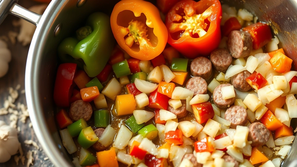 Vibrant bell peppers and diced onions caramelizing in a large pot with sausage drippings, garlic minced nearby, aromatic cooking process in progress
