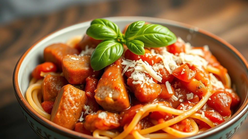 Steaming bowl of sweet Italian sausage dish with rich tomato sauce, tender sausage pieces, soft vegetables, fresh basil garnish, served over pasta with grated Parmesan cheese