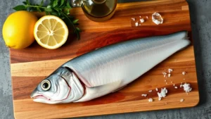 Raw swordfish steak on wooden cutting board with fresh lemon, olive oil bottle, and scattered sea salt crystals, overhead view