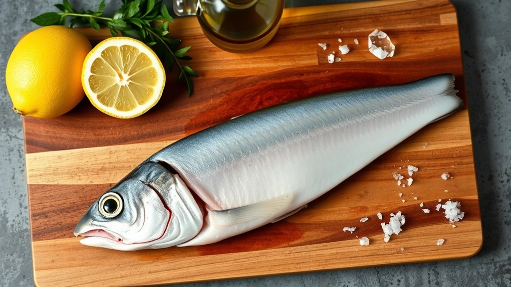 Raw swordfish steak on wooden cutting board with fresh lemon, olive oil bottle, and scattered sea salt crystals, overhead view