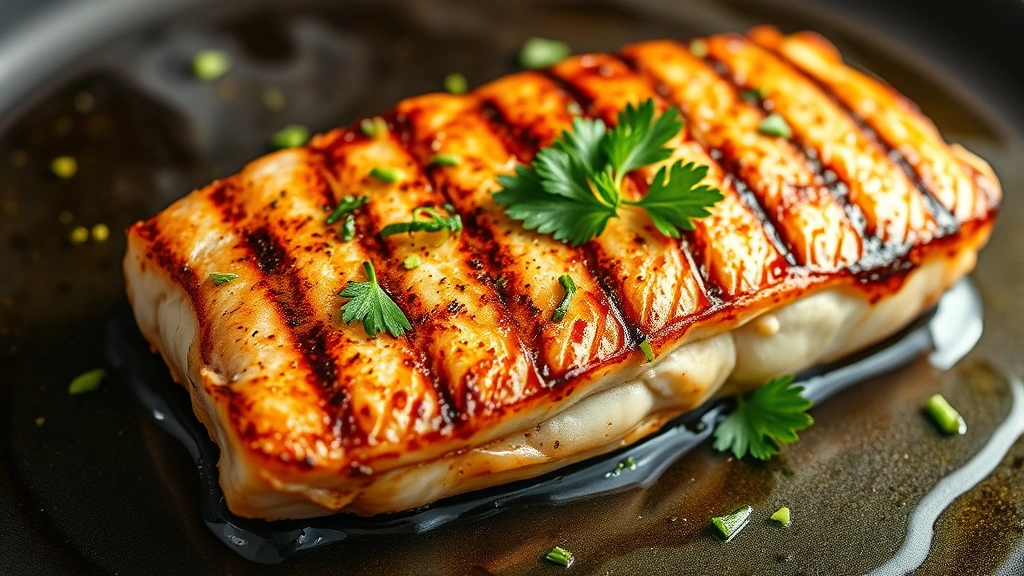 Golden-brown grilled swordfish steak with beautiful grill marks, brushed with herb oil and topped with fresh parsley, steam rising slightly