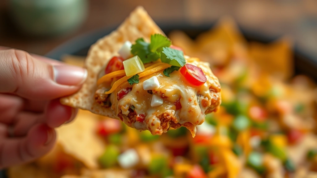 Close-up action shot of hand holding tortilla chip loaded with multiple layers of taco dip showing creamy texture, melted cheese, and fresh toppings, with more chips and dip in soft focus background
