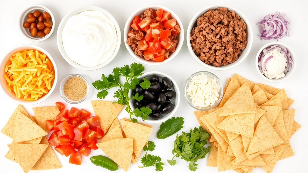 Beautiful flat lay of all taco dip ingredients arranged separately on white surface including bowls of sour cream, cream cheese, ground beef, shredded cheese, diced tomatoes, black olives, red onion, fresh cilantro, and stack of tortilla chips ready for assembly