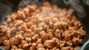 Ground beef browning in cast iron skillet, steam rising, beef broken into crumbles, golden-brown color, close-up food photography