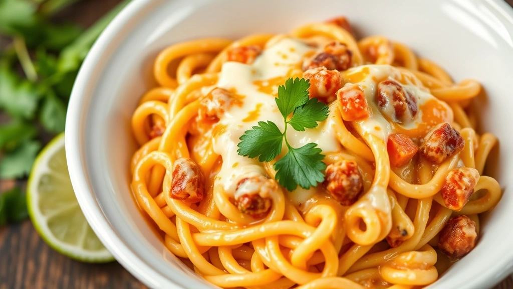 Creamy taco pasta in white ceramic bowl, melted cheese coating pasta, fresh cilantro garnish, lime wedge beside bowl, vibrant colors