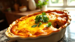 Golden-brown baked taco pie in ceramic pie dish with melted cheese bubbling on top, fresh cilantro garnish, kitchen counter background, warm natural lighting from window