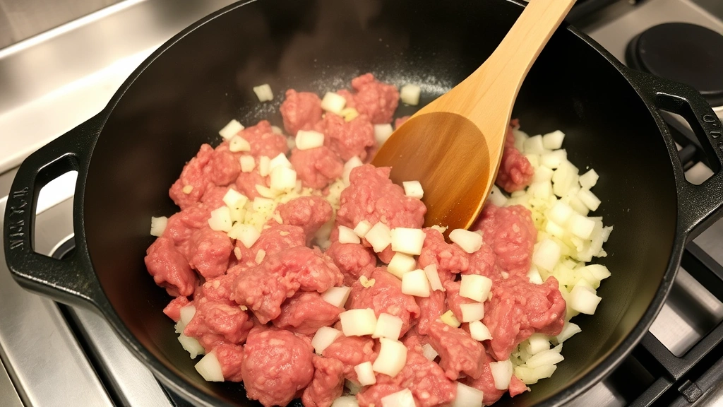 Raw ground beef browning in cast iron skillet with diced onions and minced garlic, steam rising, wooden spoon in pan, stainless steel stovetop, professional kitchen setting