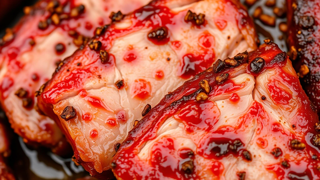 Close-up of marinated pork shoulder slices glistening with chile-spice paste, showing deep red-brown color with visible garlic and spice coating, professional food photography