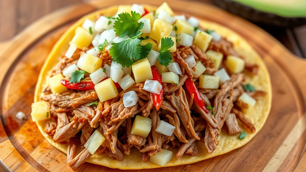 Finished shredded al pastor pork piled high on warm corn tortillas with fresh diced pineapple, white onion, and cilantro visible on a rustic wooden serving board