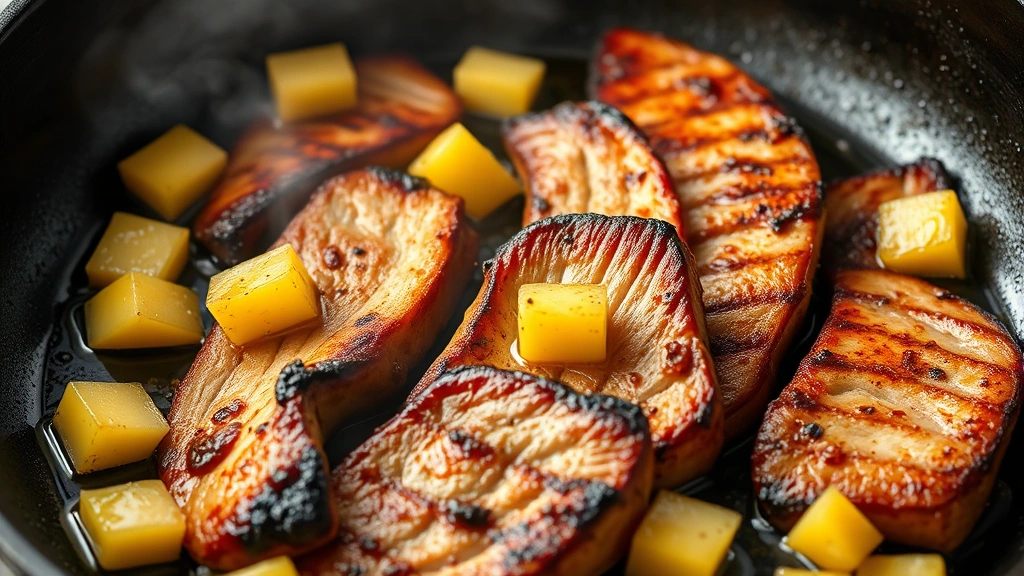 Cast iron skillet with caramelized pork slices developing dark brown crust, steam rising, with pineapple chunks scattered throughout, showing the searing process