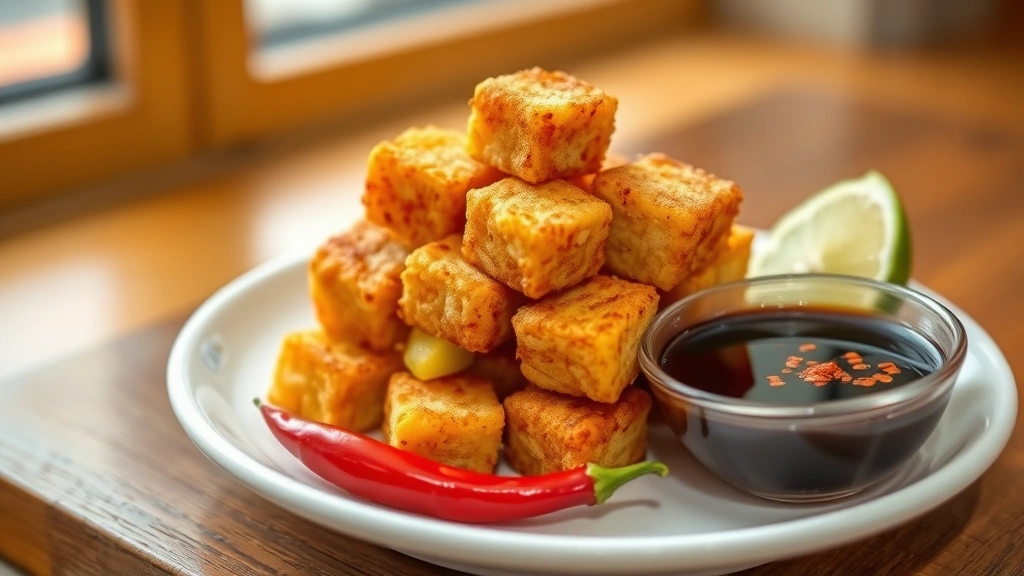 Golden-brown fried tauhu cubes stacked on white ceramic plate with fresh red chili, lime wedge, and small bowl of dark soy-chili dipping sauce, shallow depth of field, warm natural lighting from window