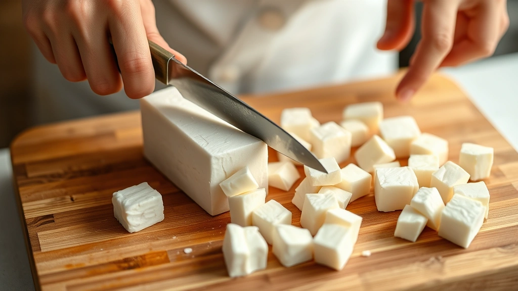 Hands gently cutting fresh white tofu block with sharp knife on wooden cutting board, showing clean cube pieces, morning kitchen light, selective focus on knife and tofu