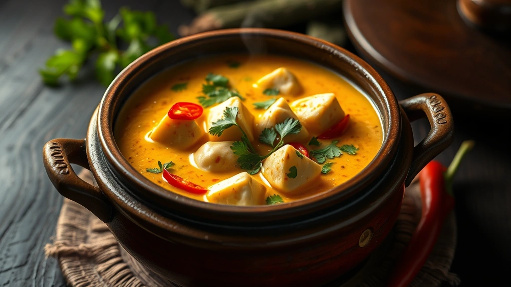 Creamy coconut curry with silken tauhu pieces and fresh herbs in traditional Malaysian clay pot, steam rising, garnished with cilantro and red chili slices, dark moody lighting