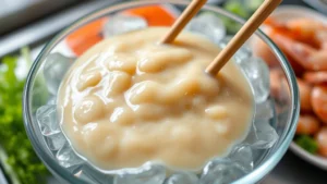 Close-up of lumpy tempura batter in glass bowl with wooden chopsticks, ice water bath surrounding bowl, fresh vegetables and shrimp nearby, professional kitchen lighting, shallow depth of field