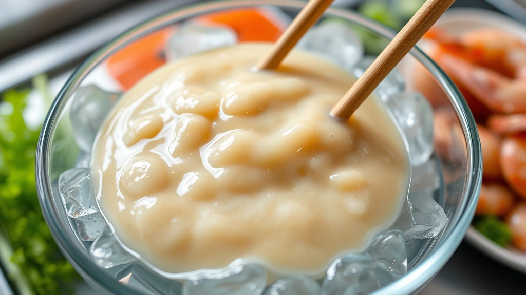 Close-up of lumpy tempura batter in glass bowl with wooden chopsticks, ice water bath surrounding bowl, fresh vegetables and shrimp nearby, professional kitchen lighting, shallow depth of field