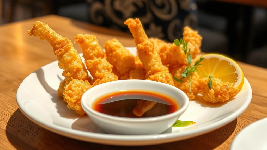 Finished tempura arranged on white ceramic plate with traditional dipping sauce in small bowl, garnished with fresh lemon wedge and microgreens, steam rising slightly, warm natural lighting, restaurant-style plating