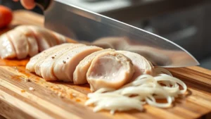 Close-up of chef's knife cutting chicken breast on wooden cutting board, thin white slices visible, professional kitchen lighting, sharp blade creating clean cuts