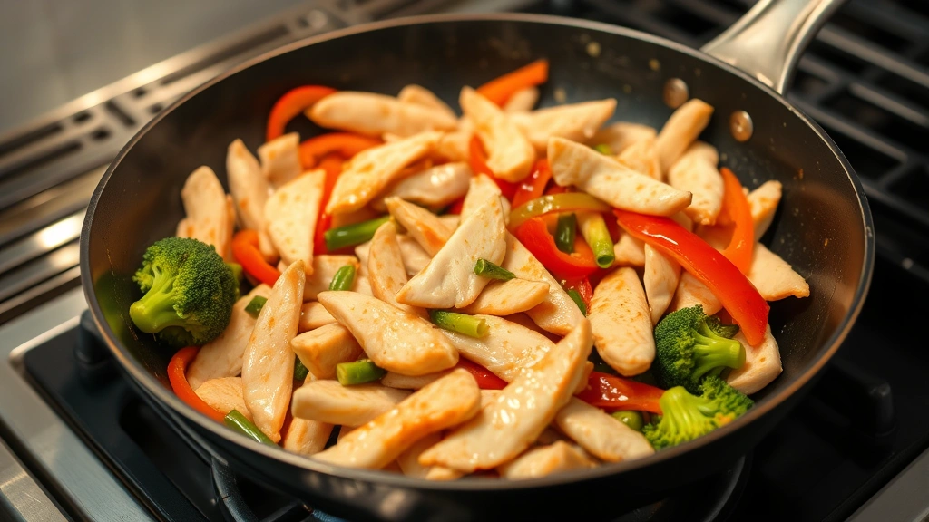 Stir-fry pan with thin sliced chicken cooking over high heat, golden-brown pieces with Asian vegetables like bell peppers and broccoli, steam rising, vibrant colors