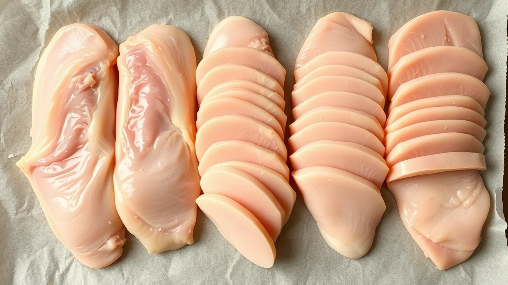 Overhead shot of arranged thin sliced raw chicken breasts on parchment paper, uniform thickness, natural daylight, preparation for cooking or freezing