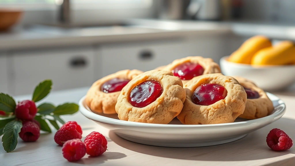 Golden-brown thumbprint cookies arranged on a white ceramic plate with raspberry jam centers glistening, soft natural window light creating shadows, fresh raspberries scattered nearby, shallow depth of field with blurred kitchen background