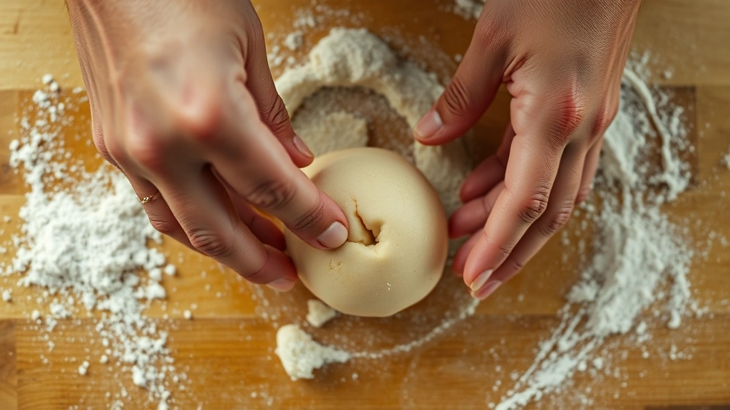 Close-up overhead shot of baker's thumb pressing into cookie dough ball creating indentation, flour dusting on wooden work surface, warm kitchen lighting, showing the technique clearly with hands in frame