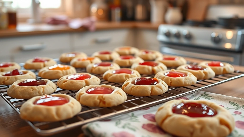 Finished thumbprint cookies cooling on wire rack with various jam colors visible in centers - raspberry red, apricot orange, and strawberry pink - steam rising gently, cozy kitchen setting with warm ambient lighting, some cookies on decorative napkin