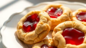 Close-up of golden-brown thumbprint cookies with ruby-red jam centers glistening, arranged on a white ceramic plate with soft natural sunlight, shallow depth of field focusing on the jam indents