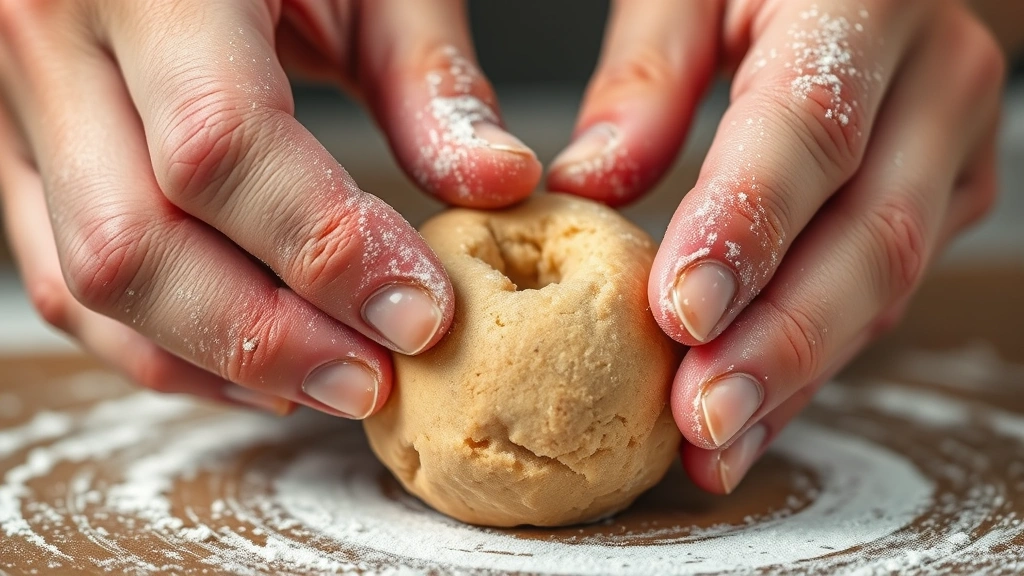 Hands pressing thumb into raw cookie dough ball to create indent, showing perfect technique and texture detail, flour dusting on fingertips, warm kitchen lighting, close-up macro photography