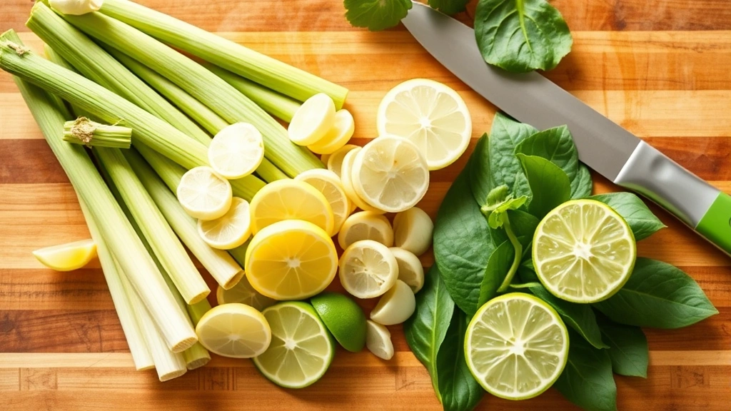 Overhead shot of fresh lemongrass, galangal slices, and kaffir lime leaves arranged on a wooden cutting board with a sharp knife, bright natural lighting, vibrant green colors, steam rising faintly in background