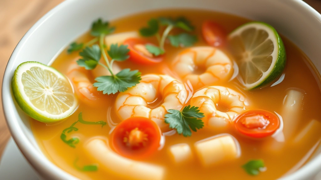 Steaming bowl of tom yum soup with visible shrimp, cherry tomato halves, and lemongrass pieces in clear golden broth, garnished with fresh cilantro and lime wedge on the rim, white ceramic bowl, shallow depth of field